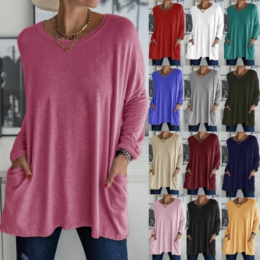 🔥HOT SALE-49% OFF-Round Neck Long Sleeve Pocket Solid T-Shirt