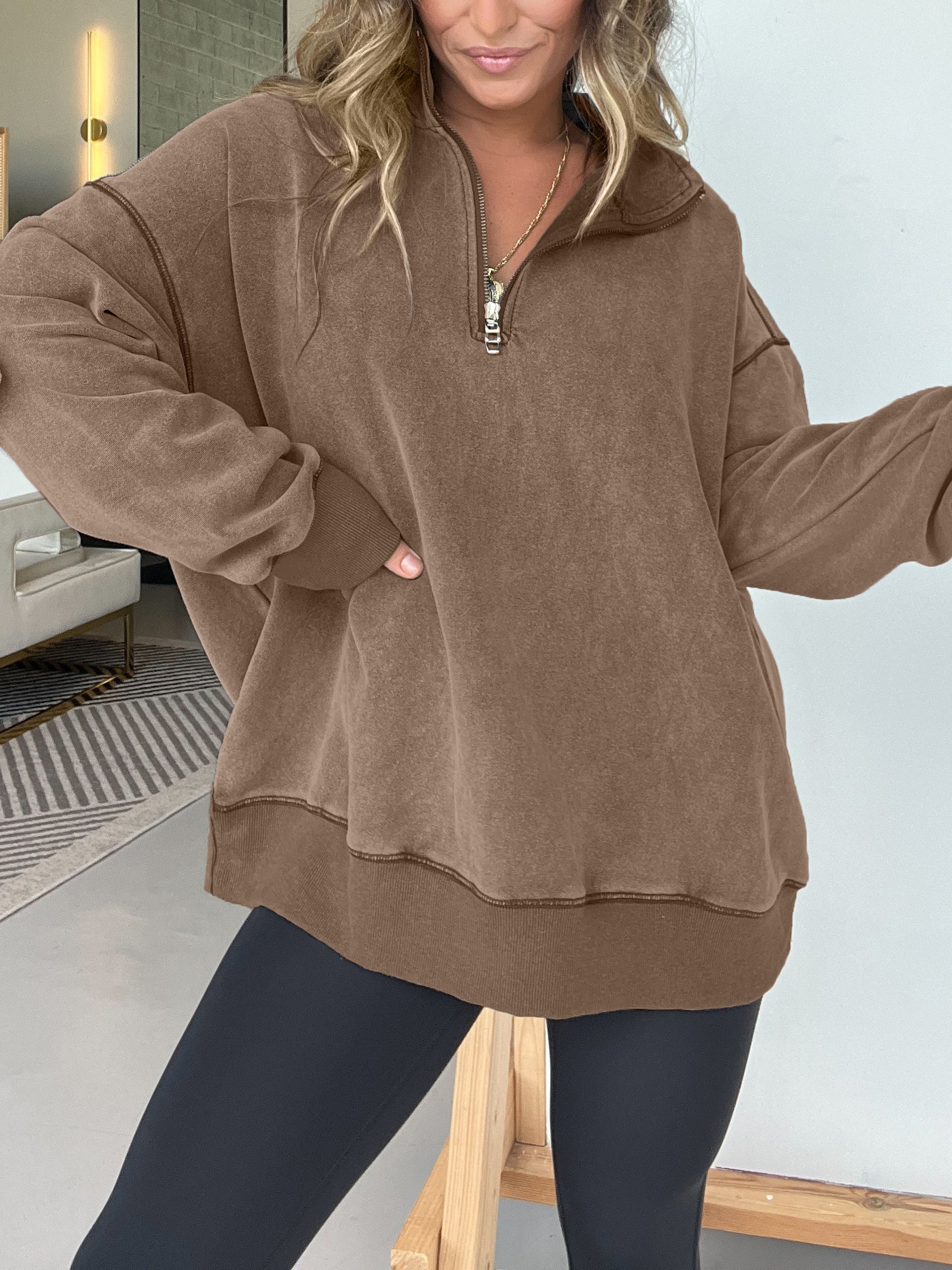 Women's Oversized Quarter Zip Vintage Pullover (Buy 2 Free Shipping)