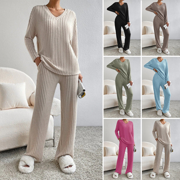 Women's Solid Drop Shoulder Pocket Lounge Set, Casual High Stretch Relaxed Fit Long Sleeve V Neck Top & Straight Leg Pants Two-piece Set, Women Nightwear, Machine Washable, Pj Sets for Women, Women's Sleepwear for Spring