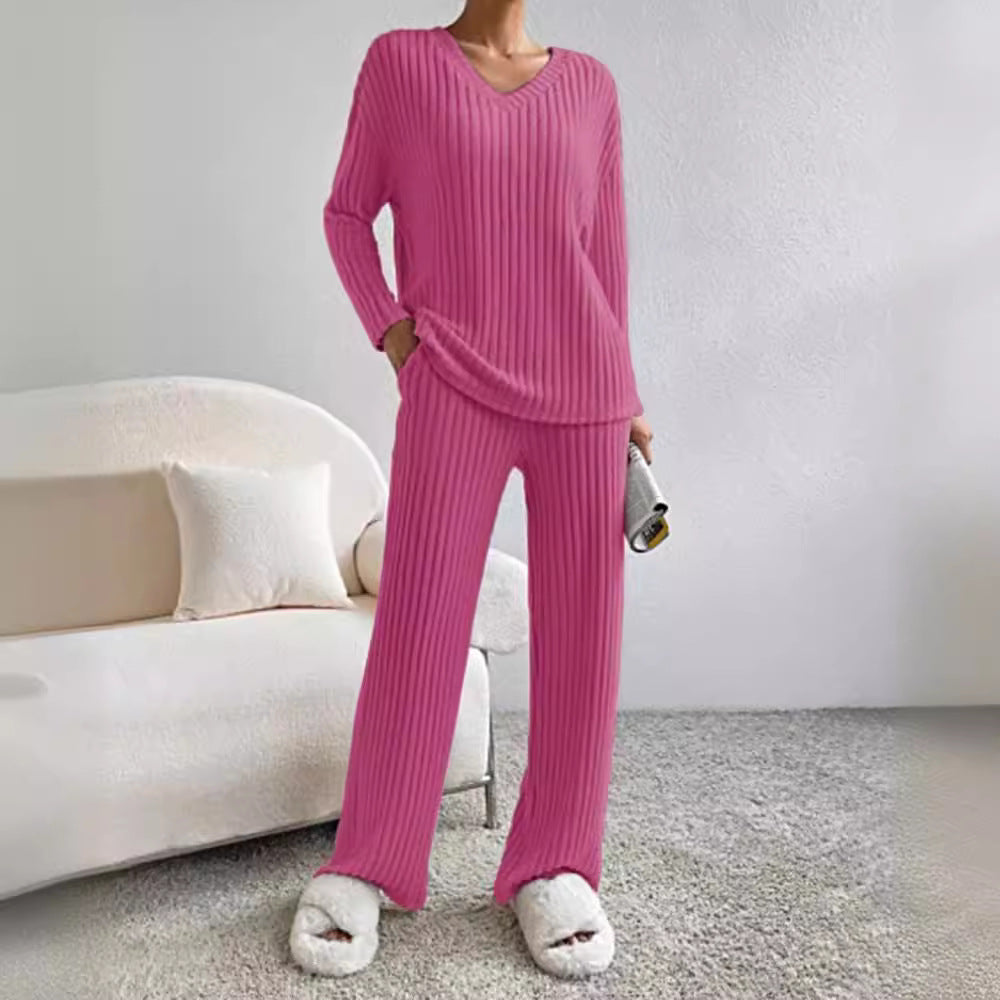 Women's Solid Drop Shoulder Pocket Lounge Set, Casual High Stretch Relaxed Fit Long Sleeve V Neck Top & Straight Leg Pants Two-piece Set, Women Nightwear, Machine Washable, Pj Sets for Women, Women's Sleepwear for Spring