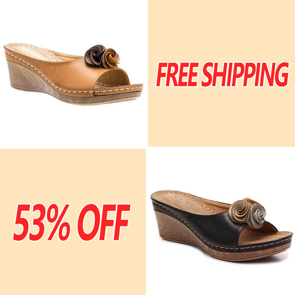 😍Last Day 55% OFF😍-Women's Comfy Leather Solid Flower Strap Wedge Sandals