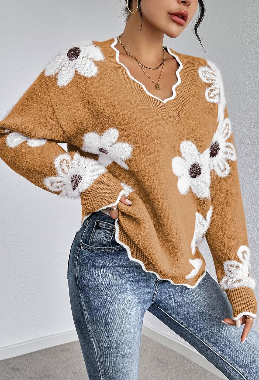 Women's Oversized V Neck Floral Sweater (Buy 2 Free Shipping)