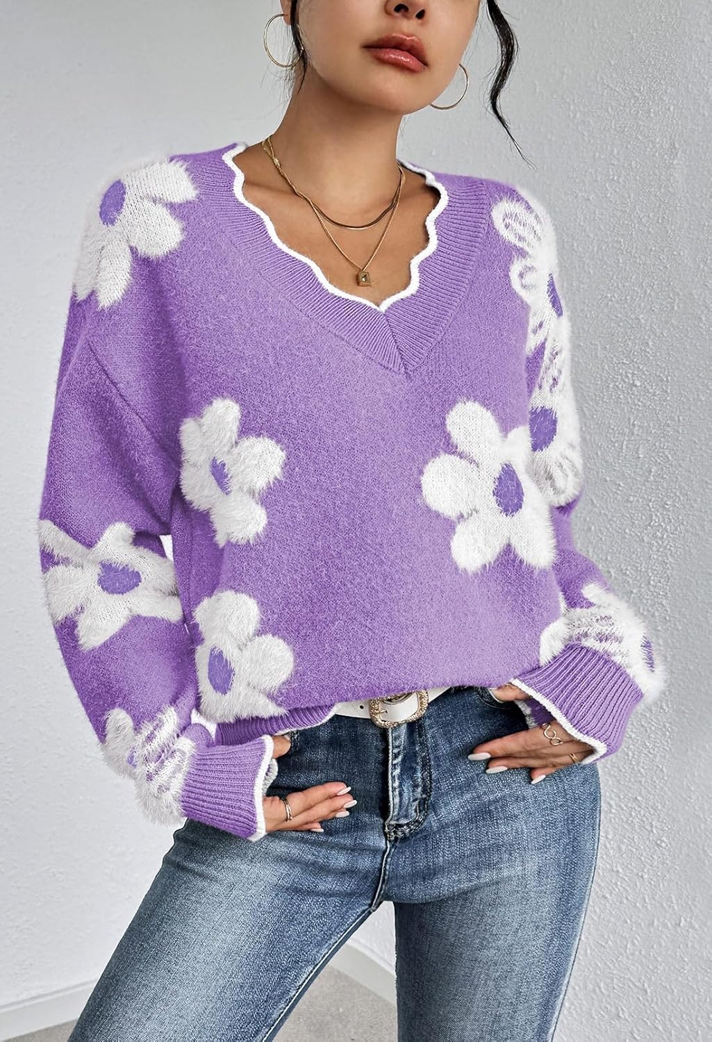 Women's Oversized V Neck Floral Sweater (Buy 2 Free Shipping)