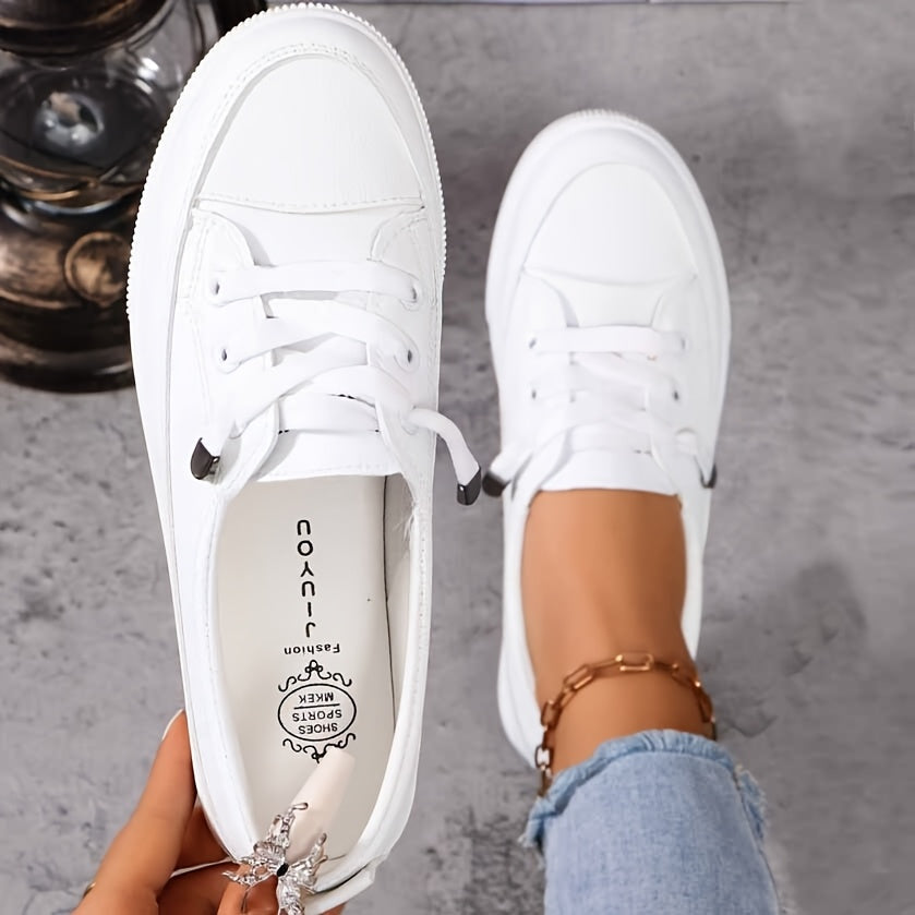 Women's White Lace-Up Flat Shoes - Breathable Soft Insole