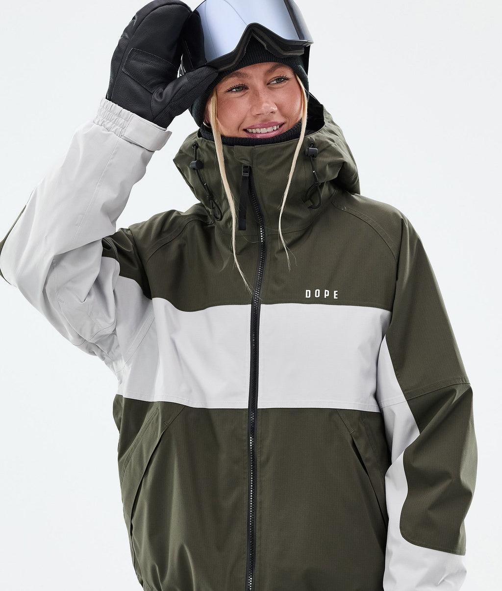 Snowboard Jacket For Women Stripe Olive Green/Light Grey