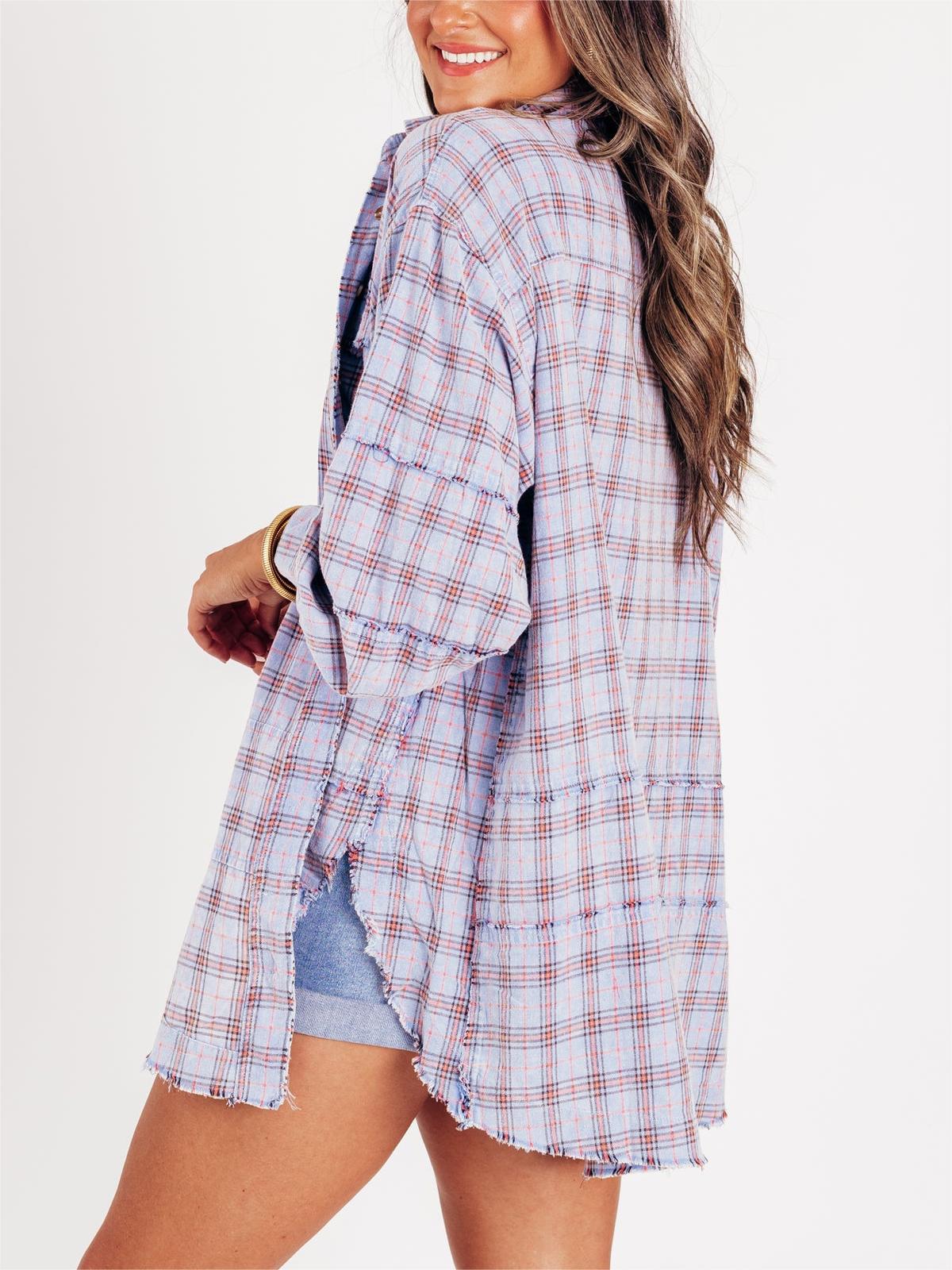Women's Mineral Washed Button Down Plaid Flannel Shirt (Buy 2 Free Shipping)
