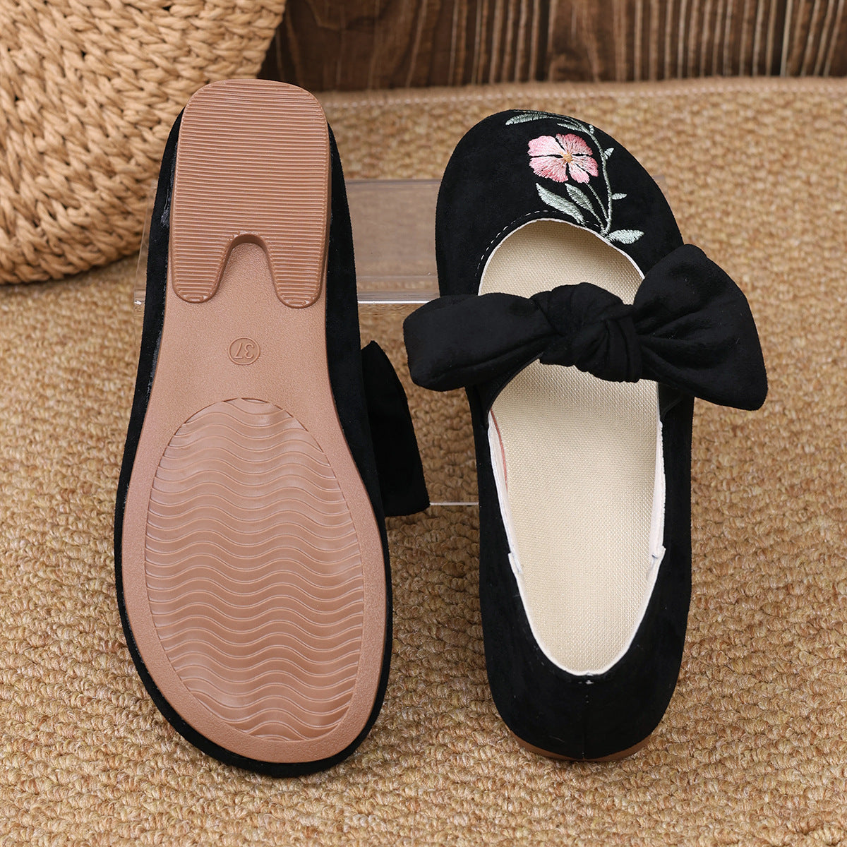 New Embroidered Bow Flat Mary Jane Shoes
