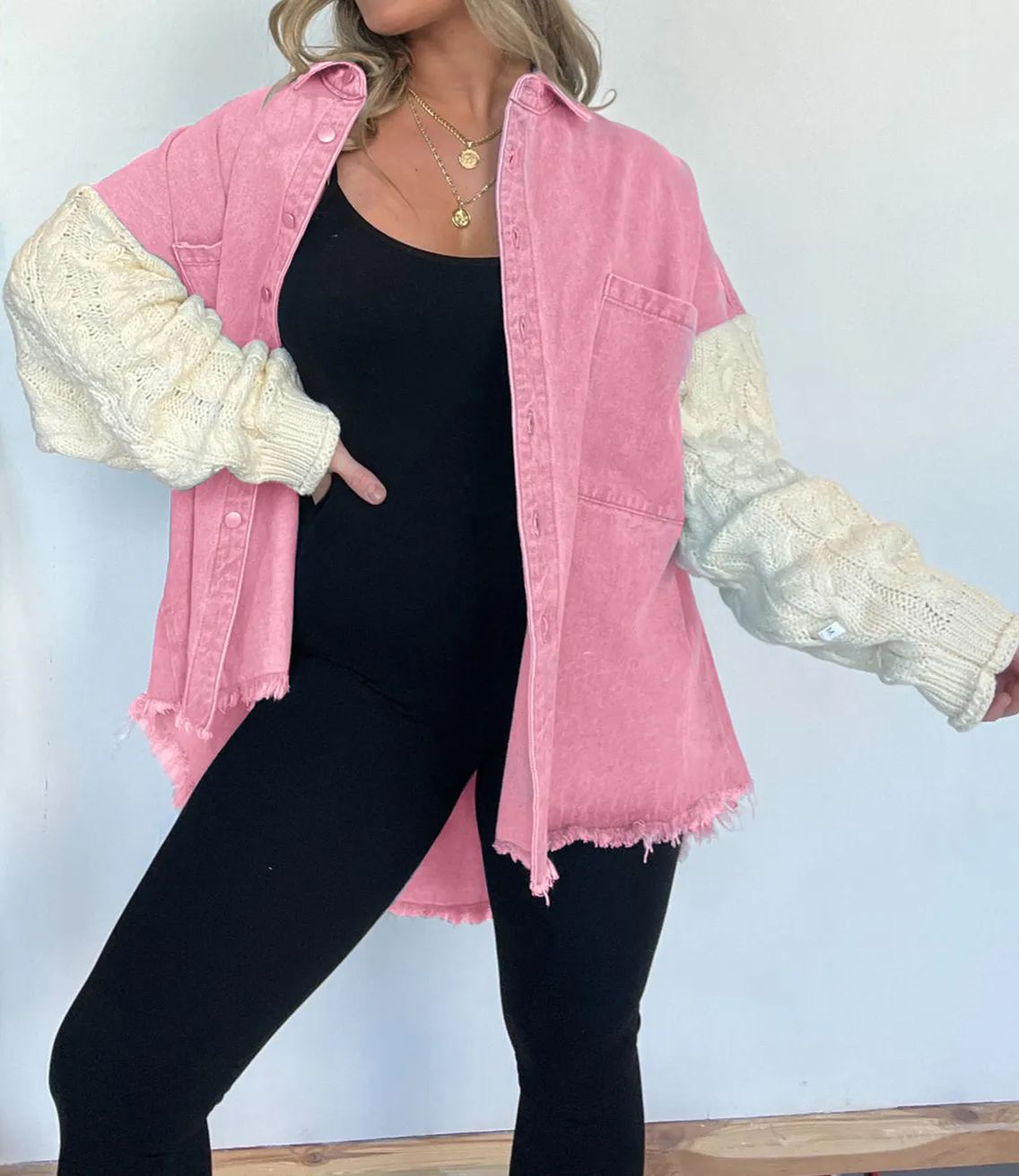 New Cozy Sweater Sleeve Denim Shacket (Buy 2 Free Shipping)